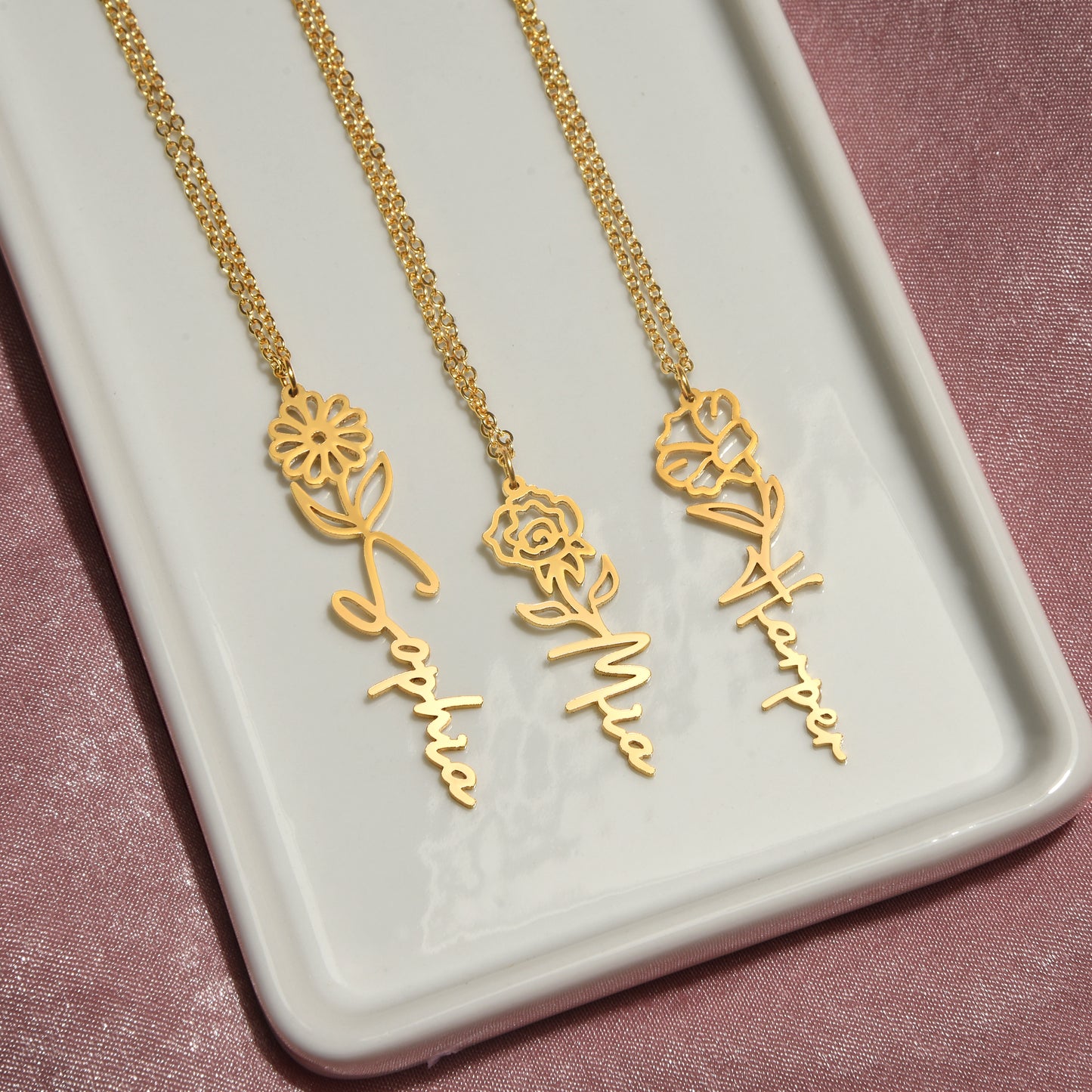 Birth Flower Name Necklace, Christmas Gift For Her - Everyoou